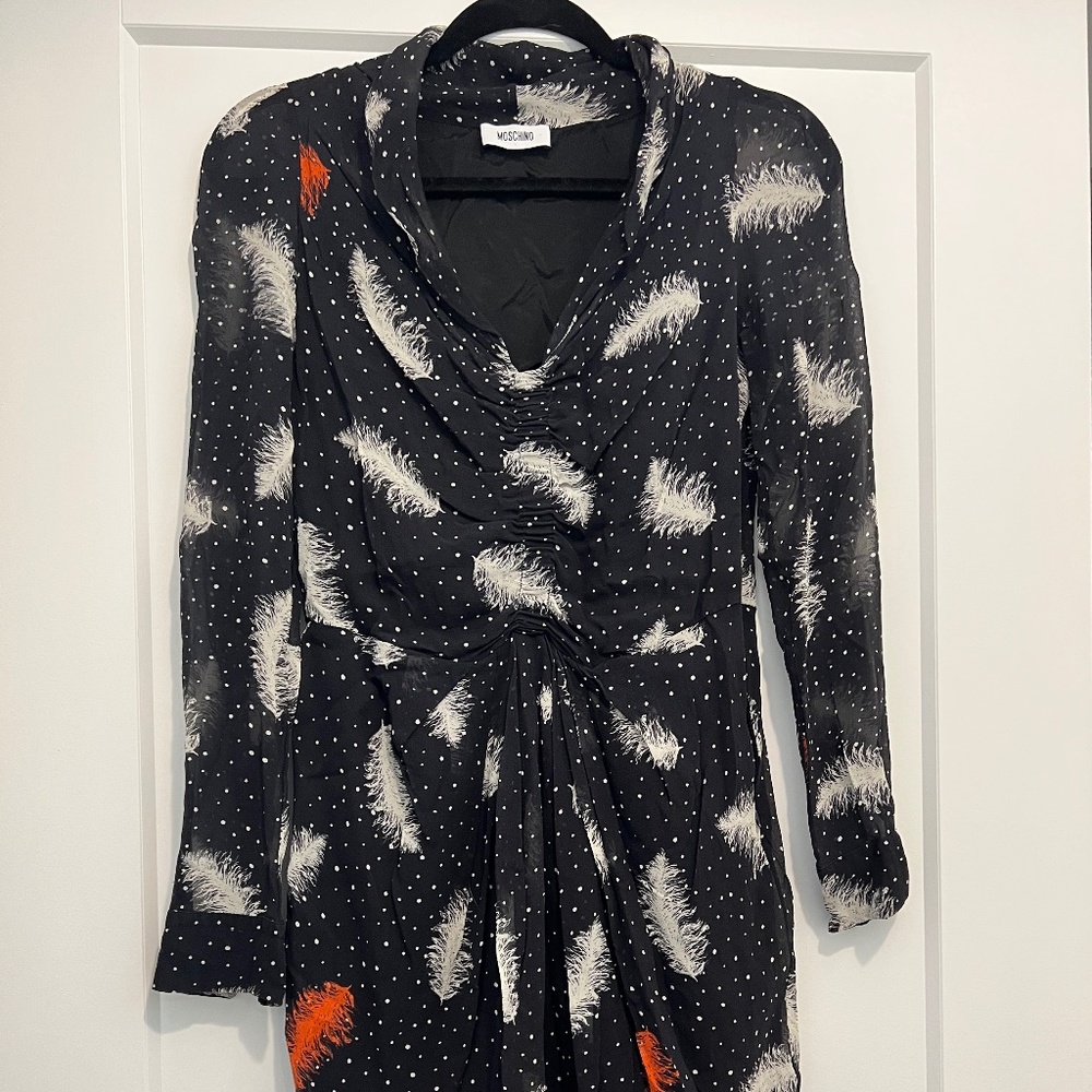 Moschino long sleeve feather and polka-dot print dress